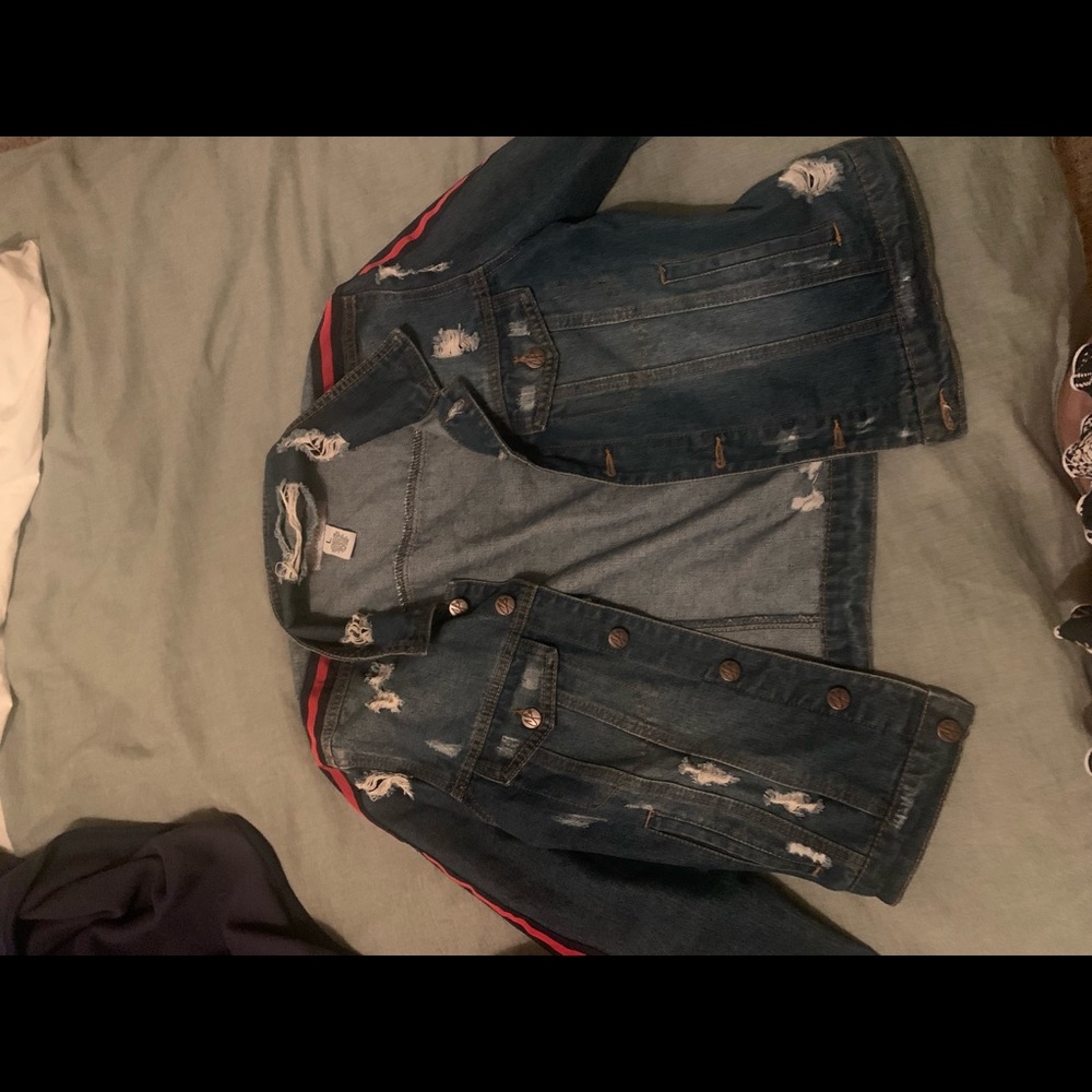 Crave Fame Distressed Denim Jean Jacket Red Stripe Women's Size L
